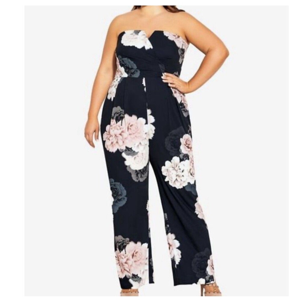 City Chic Removable Straps Floral Print Wide Leg, Pockets Zip Jumpsuit XXL